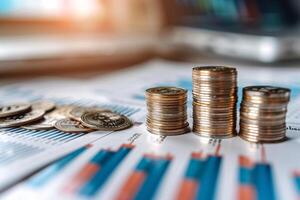 A rising graph chart displayed alongside a stack of coins, symbolizing business growth, Generated AI photo
