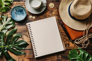 A travel banner with a top view of an open blank notebook passport, Generated AI photo