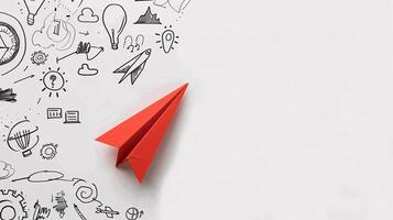 A white background with a red paper airplane flying through doodle icons of ideas money, Generated AI photo