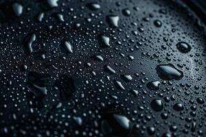 Free space view Black water drops condensate surface, abstract background with bright bubbles, Generated AI photo
