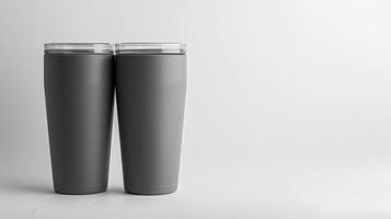 A close-up view of two matte gray 20-ounce short tumblers with a clean white background, Generated AI photo