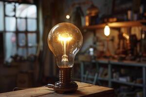 Light bulb concept representing a bright idea in a workshop, symbolizing business growth, Generated AI photo