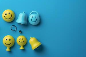 On one side of a plain blue background, symbols of customer service and satisfaction, including smiling faces, Generated AI photo