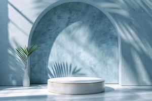 Light blue plaster wall casting palm shadows, creating a minimal and elegant product placement background, Generated AI photo
