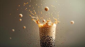 Artistic design featuring a splash of bubble tea with pearls flying around, dynamic movement, Generated AI photo