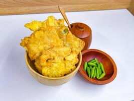 Traditional Indonesian Food Called Tempe Goreng or Mendoan or Fried Tempeh with Flour Batter served with Green Cayenne Pepper or Green Colored Chilli on Isolated White Background. High quality photo