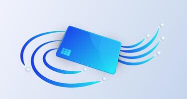 Credit card with chip online payment. Blue and white background vector