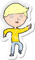 retro distressed sticker of a cartoon happy pointing drawing png