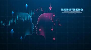 Psychology trading concept. two head conditions calm and angry, candle bear and bull. digital tech background, vector