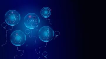 Abstract digital technology. flying balloon concept containing social media icons on a bright blue background vector