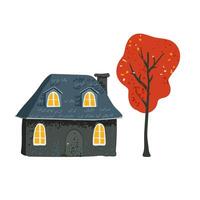 Fairytale house with a tiled roof in a simple minimalist style, red leaves on a tree on a white backdrop. vector