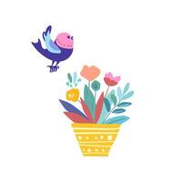 Bird and colorful flower in a yellow pot in folk style vector