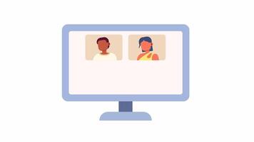Videoconferência encontro computador tela 2d objeto animação. ligar com controlo remoto empregados equipe plano cor desenho animado 4k , alfa canal. conectados webinar animado item em branco fundo video