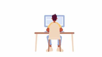 costas Visão Preto homem digitando computador às escrivaninha 2d personagem animação. trabalhador autonomo empregado às casa escritório plano cor desenho animado 4k , alfa canal. cara programador animado pessoa em branco fundo video