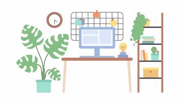Aesthetic cozy workspace at home 2D object animation. Inspiring office setup flat color cartoon 4K , alpha channel. Ticking clock, monstera leaves swaying animated items on white background video