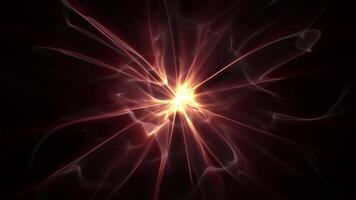 Energy light source with shiny beams floating on a dark cloudy background. Abstract animation of bright rays for art, modern science, physics and space object visualisation. Seamless vj loop, 4k 60fps video