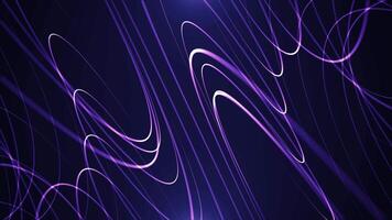 em loop fundo com abstrato etéreo cordas aleatoriamente comovente em uma Sombrio roxa fundo. iluminado curva linhas dentro uma forma do rotativo círculos com brilhante brilho efeito. desatado vj ciclo 4k 60fps video