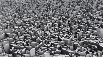 Abstract 3D background with plenty of three dimensional white shapes randomly moving with realistic light and shadows. Monochrome animation for business, office work, science and technology. 4k 60 fps video