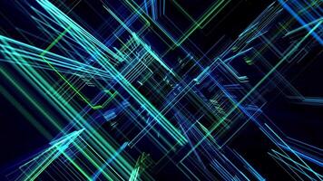 Flying through abstract space of futuristic 3D patterns made of digital lines with green and blue glow effect. Computer science and technology background with bright holographic elements. 4k 60fps video