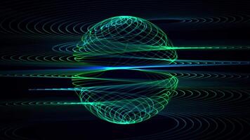 Abstract ethereal sphere made of blue and green energy strings in a shape of circular waves. Atom or molecule magnetic field background for science, technology and vj music performance. Loop 4k 60fps video