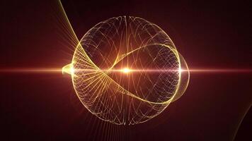 Golden energy ball made of glowing lines with bright shine effect on a dark background. Loop animation of abstract sphere, atom or molecule spinning inside power field of sparkling particles. 4k 60fps video