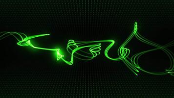 Green neon light streaks morphing and floating in the darkness with zero gravity effect. Seamless loop animation of illuminated curved lines with glow and shiny dotted grid on a background. 4k 60 fps video