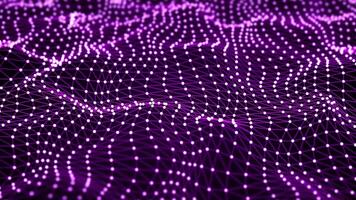 Abstract purple plexus background with field of glowing white circles and smooth waves. Technological grid animation, futuristic art structure with wavy wireframe and bright spheres. VJ loop, 4k 60fps video