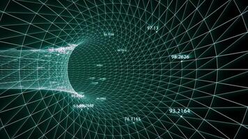 Science fiction tunnel with coordinate digits and glowing geometric grid. Seamless VJ loop animation of futuristic structure made of technology lines with surreal glow on a dark background. 4k 60 fps video