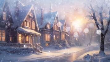 A serene snow-covered street at dusk, with warm lights glowing from windows and street lamps, creating a tranquil winter scene. video