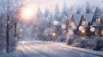 A serene snow-covered street at dusk, with warm lights glowing from windows and street lamps, creating a tranquil winter scene. video