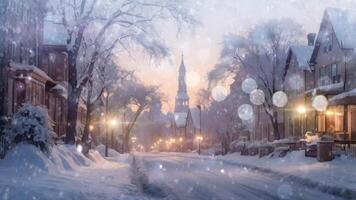 A serene snow-covered street at dusk, with warm lights glowing from windows and street lamps, creating a tranquil winter scene. video