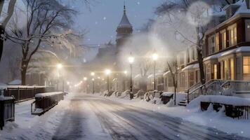 A serene snow-covered street at dusk, with warm lights glowing from windows and street lamps, creating a tranquil winter scene. video