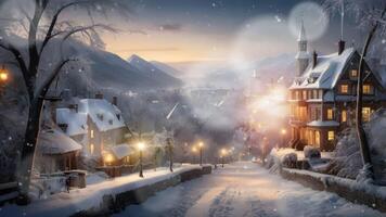 A serene snow-covered street at dusk, with warm lights glowing from windows and street lamps, creating a tranquil winter scene. video
