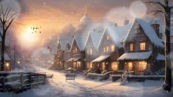 A serene snow-covered street at dusk, with warm lights glowing from windows and street lamps, creating a tranquil winter scene. video
