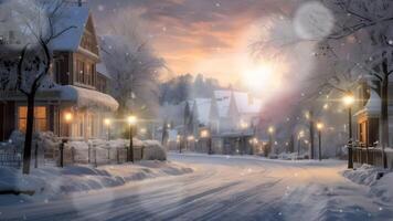 A serene snow-covered street at dusk, with warm lights glowing from windows and street lamps, creating a tranquil winter scene. video