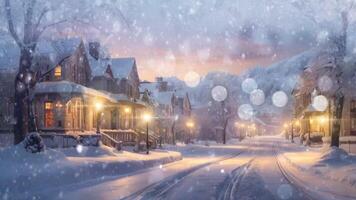 A serene snow-covered street at dusk, with warm lights glowing from windows and street lamps, creating a tranquil winter scene. video