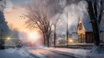 A serene snow-covered street at dusk, with warm lights glowing from windows and street lamps, creating a tranquil winter scene. video