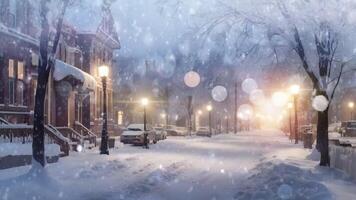 A serene snow-covered street at dusk, with warm lights glowing from windows and street lamps, creating a tranquil winter scene. video