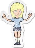 retro distressed sticker of a cartoon woman explaining idea drawing png