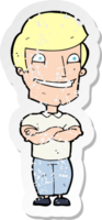 retro distressed sticker of a cartoon grinning man drawing png
