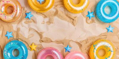 Multi-colored inflatable rings on the beach sand. Summer background with copy space photo