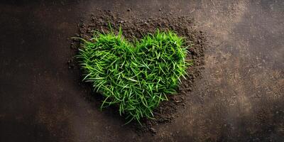 Heart made of grass on a background of ground, top view. Regenerative and sustainable concept photo
