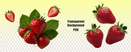 Strawberries with a transparent background are shown in a file. The image shows the fruit as a liquid in a rectangle, highlighting their status as a natural superfood known for their sweetness psd