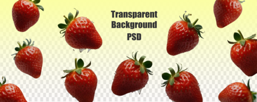 The image shows strawberries suspended in the air against a clear background. It features various keywords like food, fruit, red, produce, and natural foods psd