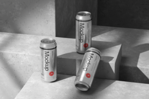 Modern Metallic Can Mockup Template on the Plaster with Shadow psd