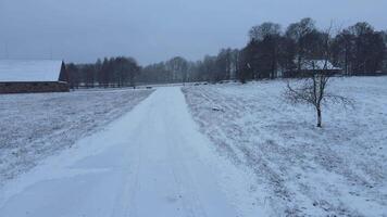 snowy path to the house. Snowfall outside the city. snow flies into the camera video