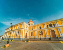 View of a colorful colonial church. Architectural details of a colorful colonial cathedral photo