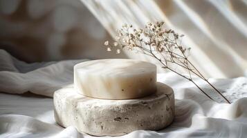 Marble design for displaying products in a minimalist style. With warm light. photo