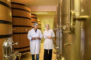 Professional winemaker controlling wine making process and quality at winery factory photo