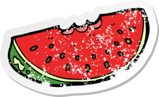 retro distressed sticker of a cartoon watermelon slice drawing png